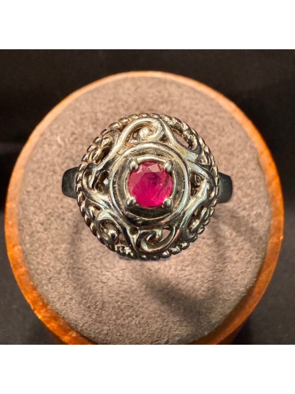 Sterling Silver 925 Ruby Prong Set Scroll Border Statement Ring Size 9.75